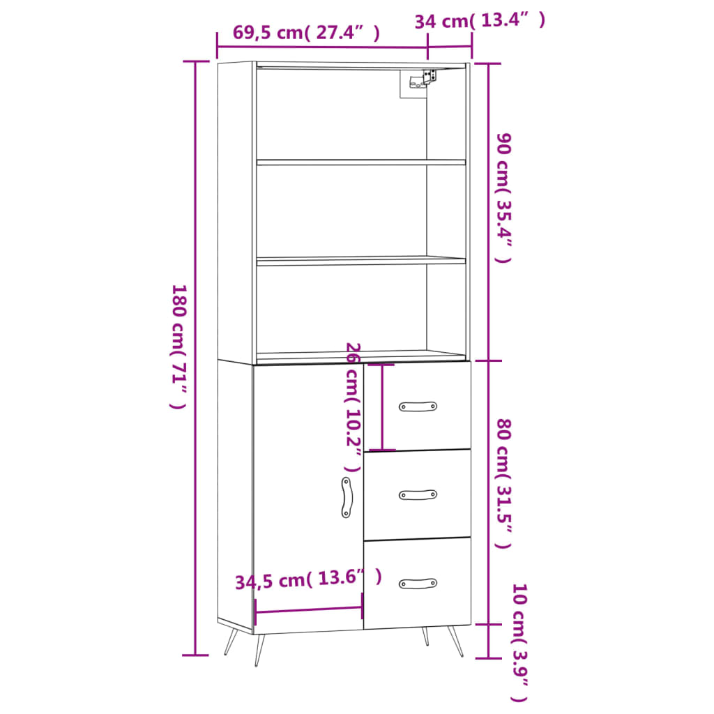 Highboard Weiß 69,5x34x180 cm Holzwerkstoff