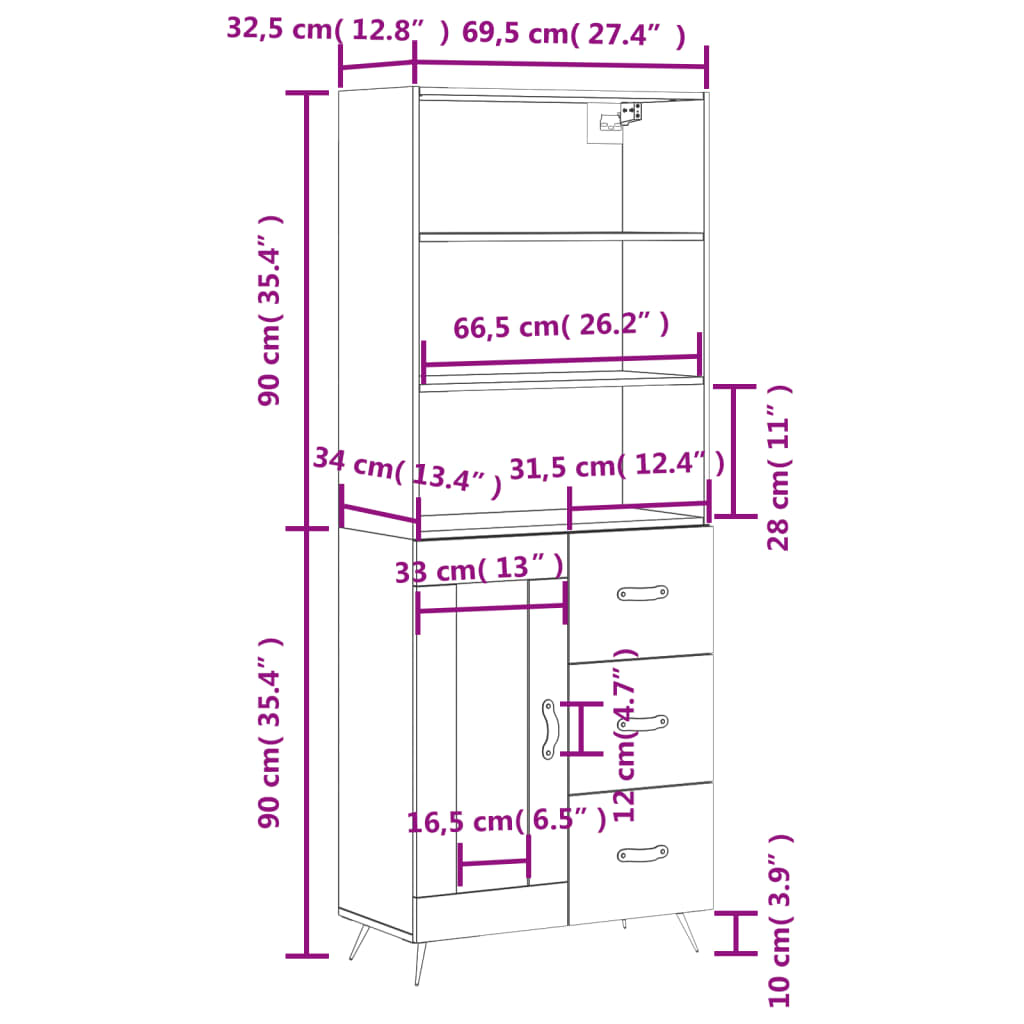 Highboard Weiß 69,5x34x180 cm Holzwerkstoff