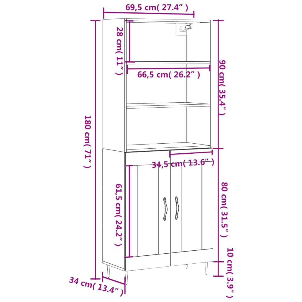 Highboard Sonoma-Eiche 69,5x34x180 cm Holzwerkstoff