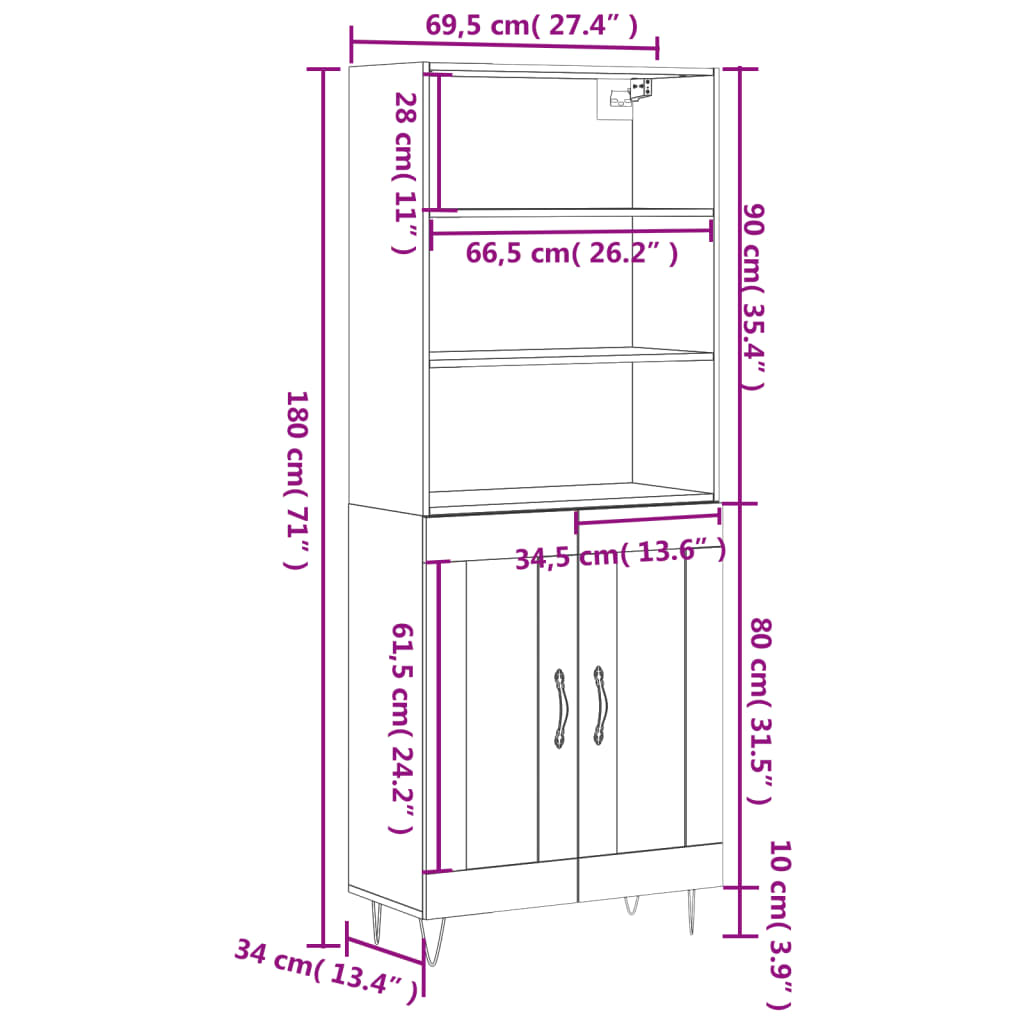 Highboard Betongrau 69,5x34x180 cm Holzwerkstoff