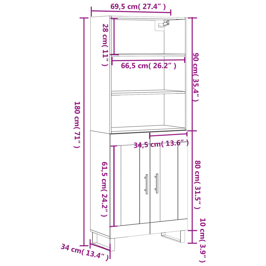 Highboard Sonoma-Eiche 69,5x34x180 cm Holzwerkstoff