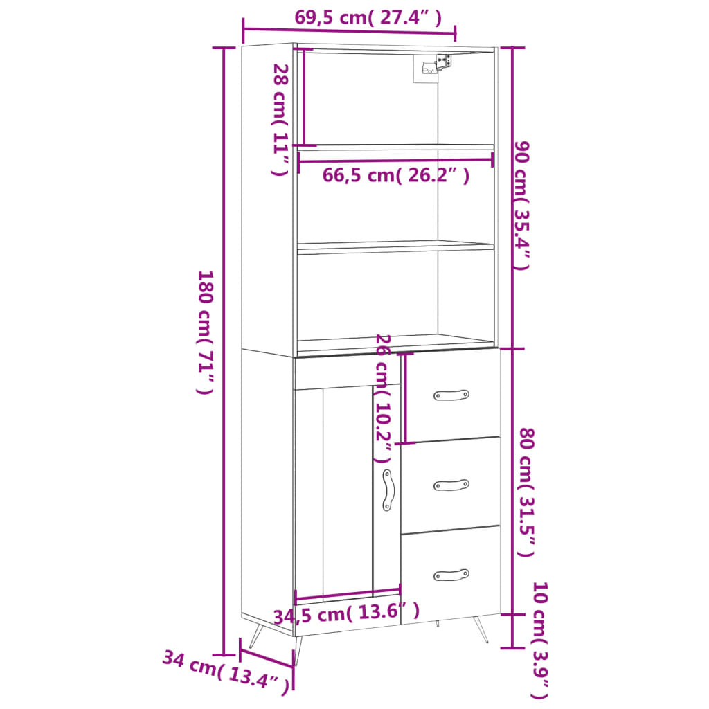 Highboard Weiß 69,5x34x180 cm Holzwerkstoff