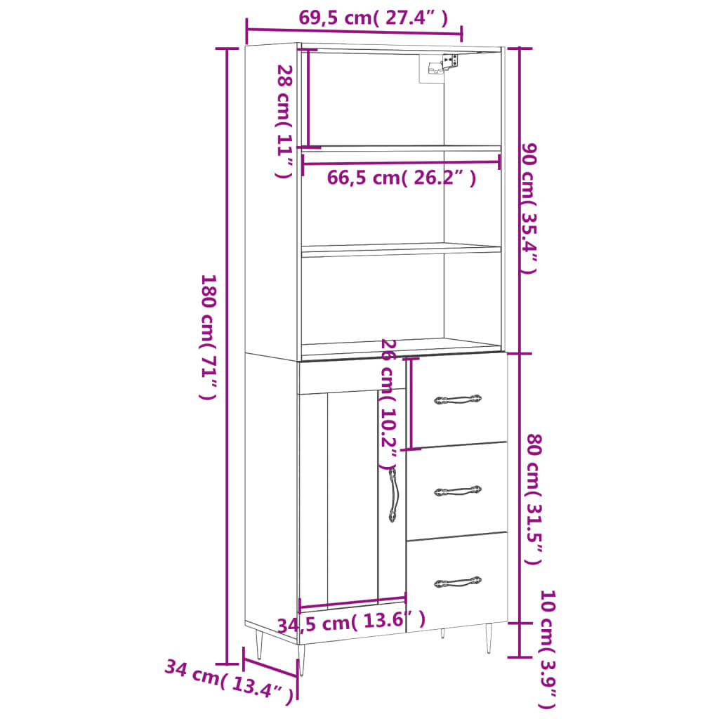 Highboard Weiß 69,5x34x180 cm Holzwerkstoff
