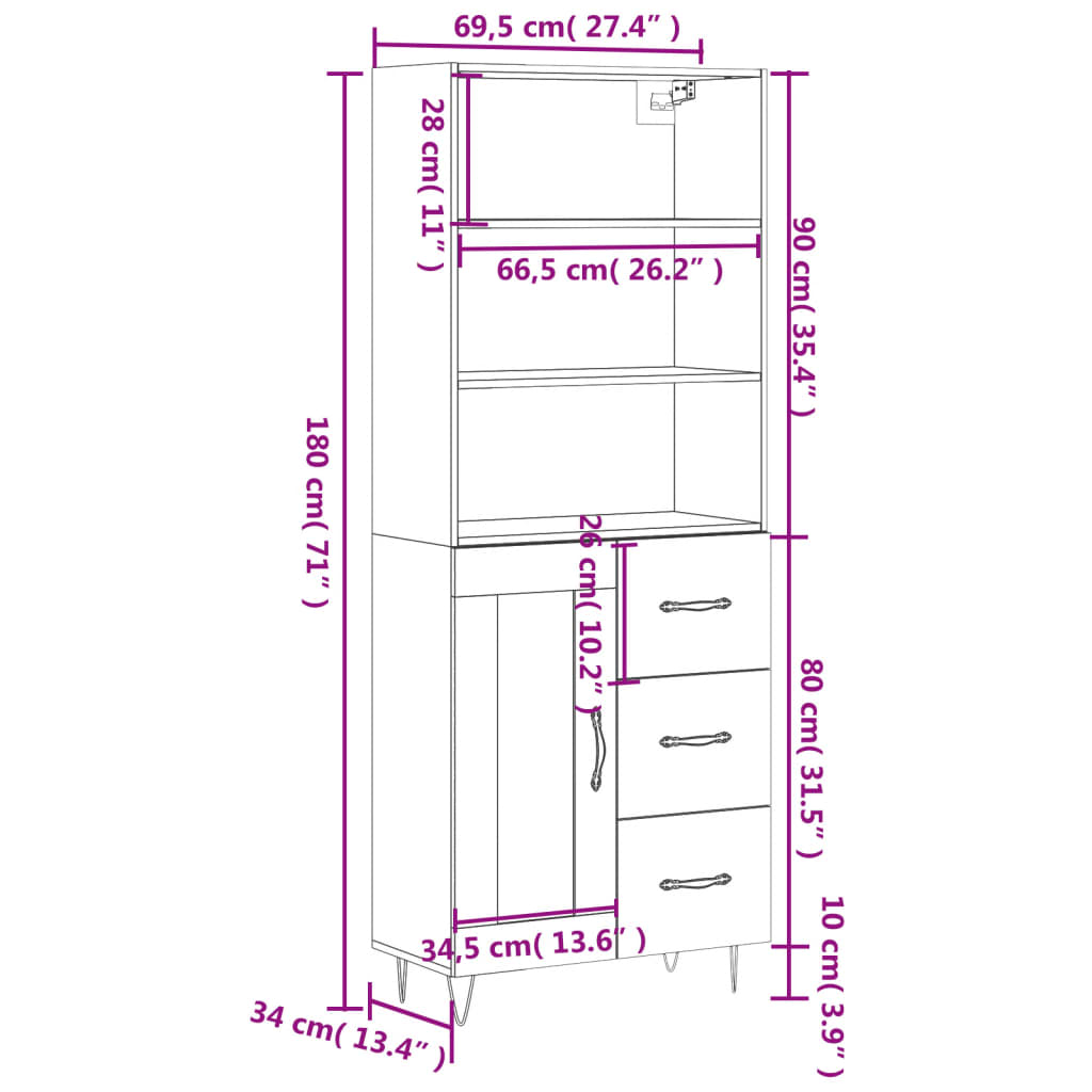 Highboard Betongrau 69,5x34x180 cm Holzwerkstoff