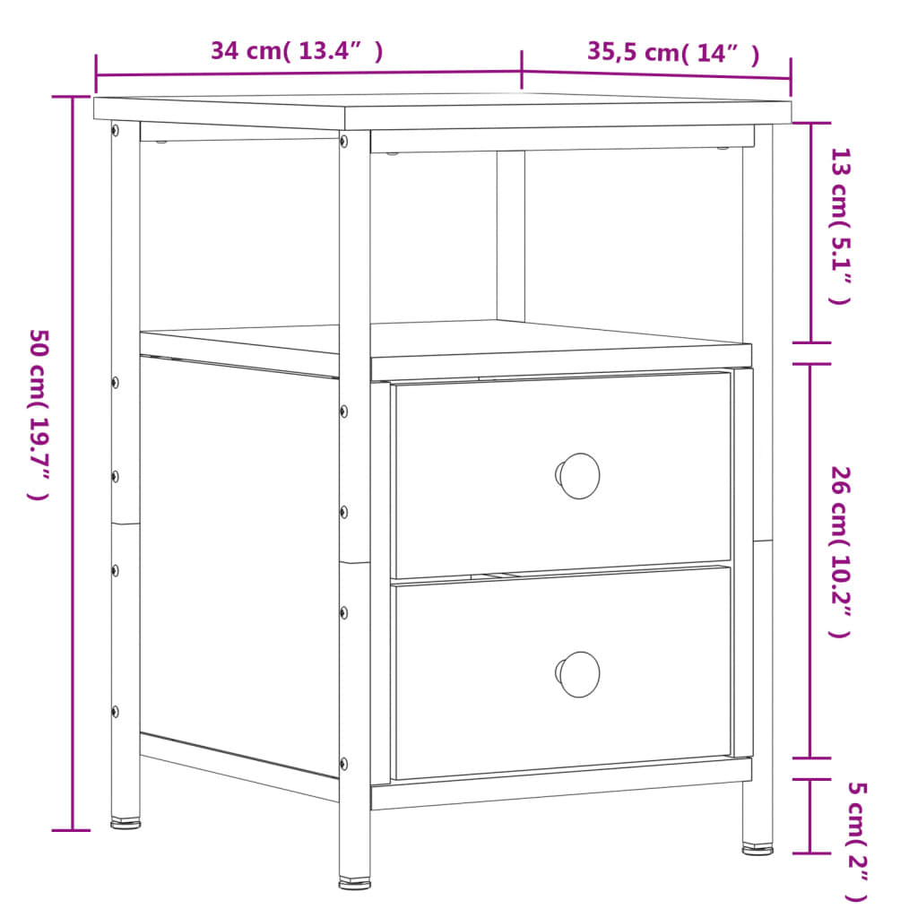 Table de chevet aspect chêne marron 34x35,5x50 cm en bois