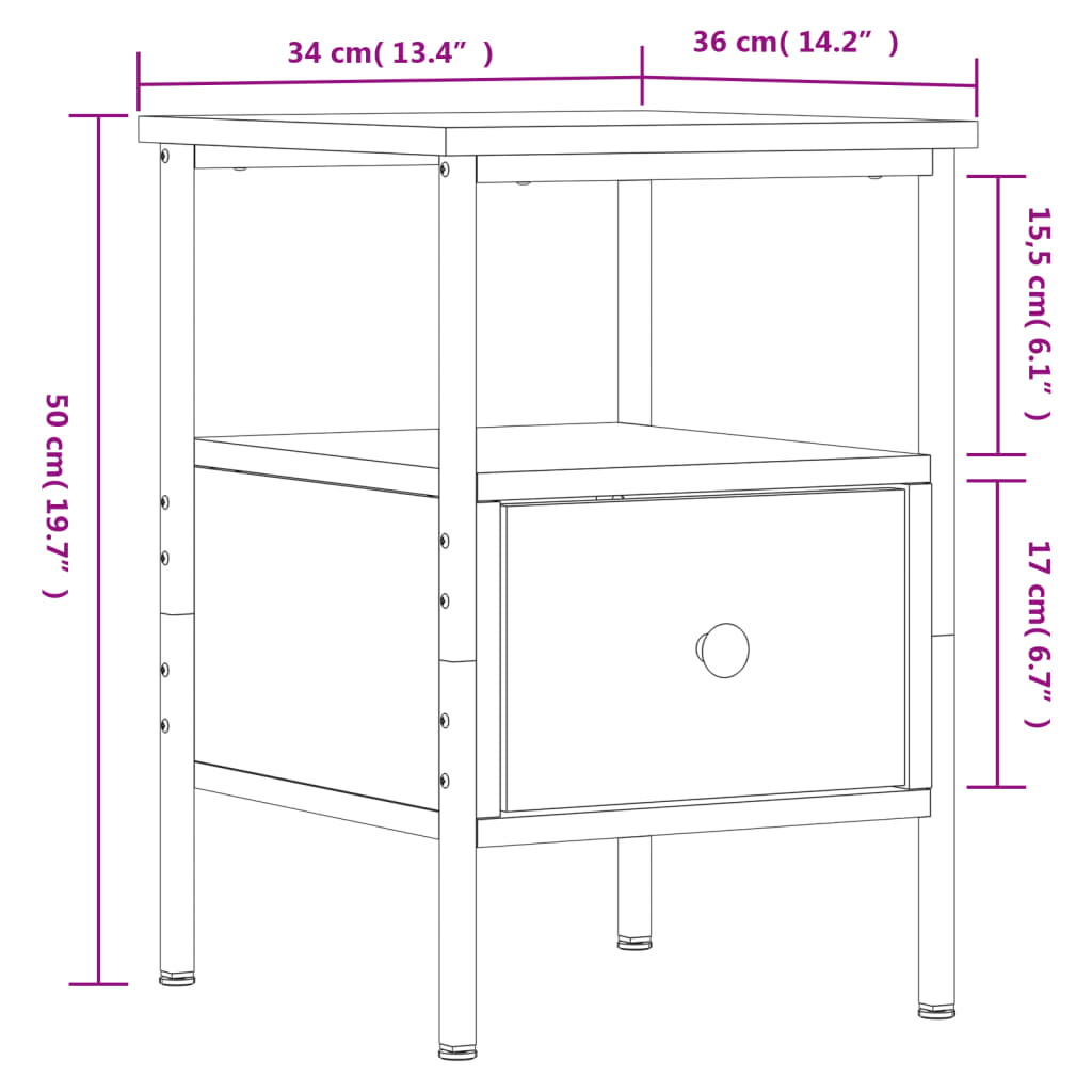 Table de chevet aspect chêne marron 34x36x50 cm en bois