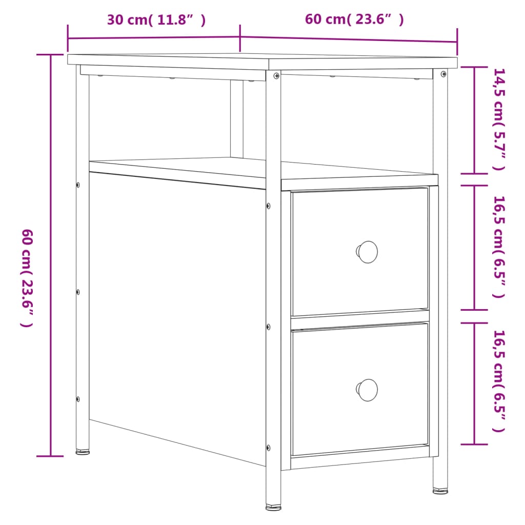 Table de chevet aspect chêne marron 30x60x60 cm en bois