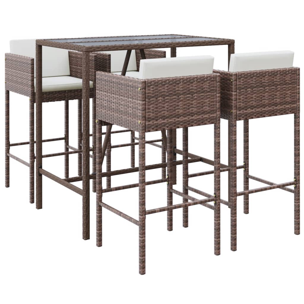 5-piece garden bar set with cushions, brown poly rattan