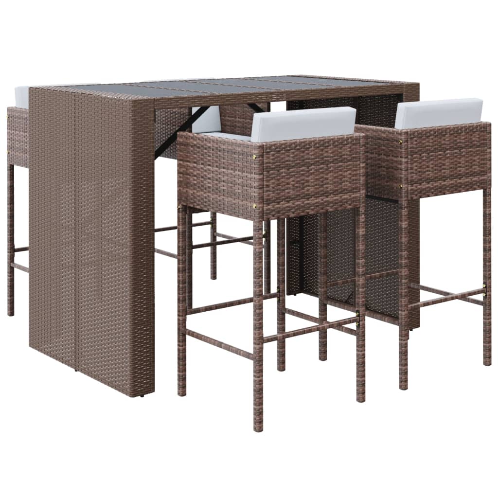 5-piece garden bar set with cushions, brown poly rattan