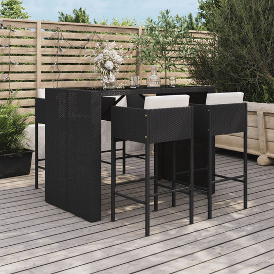 5-piece garden bar set with cushions, black poly rattan