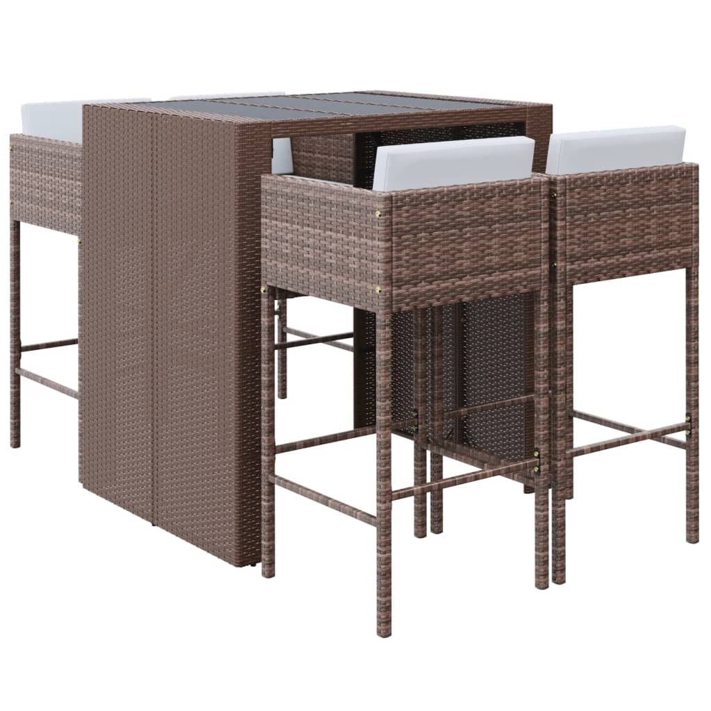5-piece garden bar set with cushions, brown poly rattan