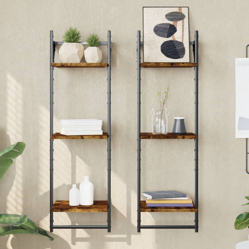 Wall shelves with 3 shelves &amp; rods 2 pcs. Smoked oak