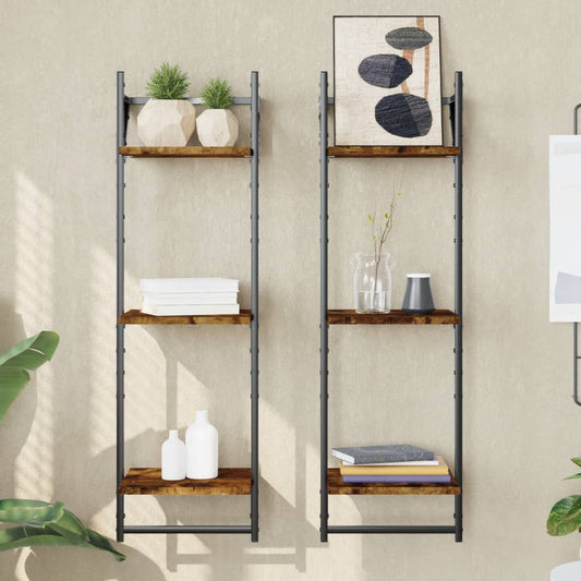 Wall shelves with 3 shelves &amp; rods 2 pcs. Smoked oak
