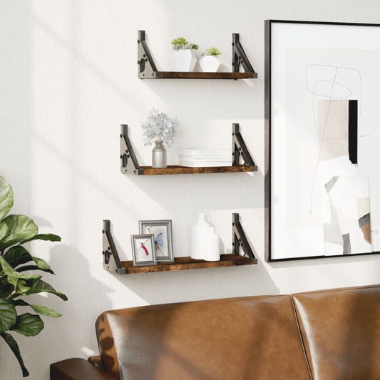 3-piece wall shelf set smoked oak wood material