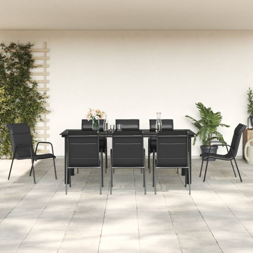 9-tlg. Garten-Essgruppe Schwarz Stahl und Textilene
