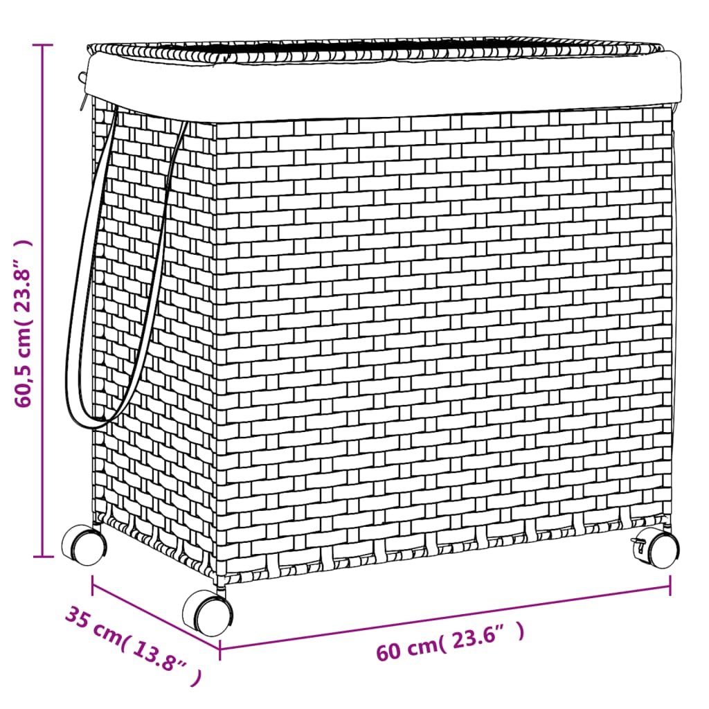 Panier à linge à roulettes noir 60x35x60,5 cm en rotin