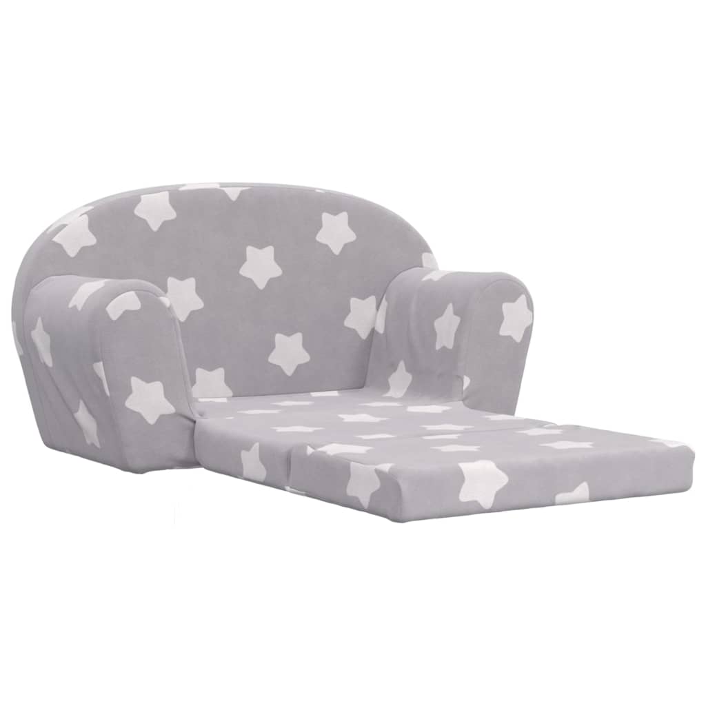 Children's sofa bed 2-seater light grey with stars soft plush