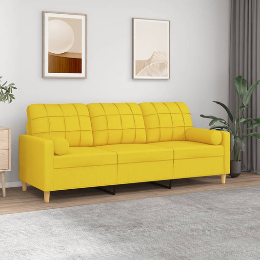 Canapé 3 places avec coussins décoratifs en tissu jaune clair 180 cm