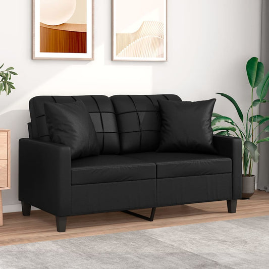 2-seater sofa with decorative cushions, black, 120 cm, faux leather