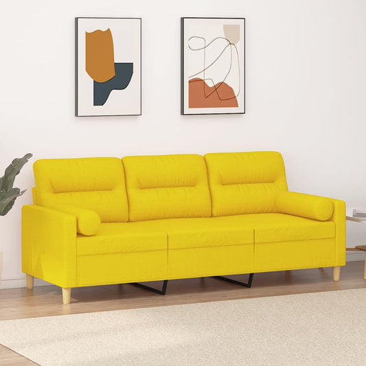 Canapé 3 places avec coussins décoratifs en tissu jaune clair 180 cm