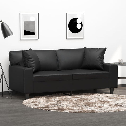 2-seater sofa with decorative cushions, black, 140 cm, faux leather