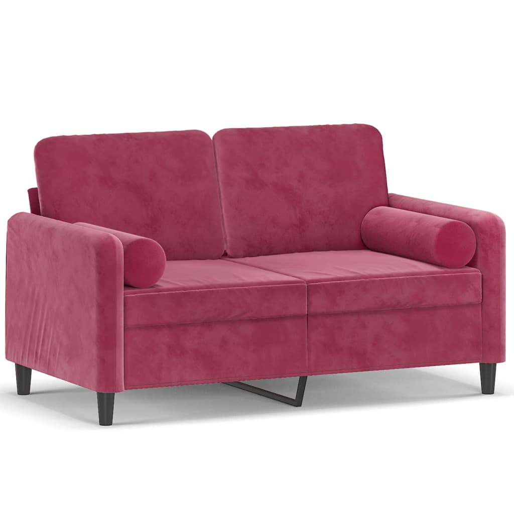 2-seater sofa with decorative cushions wine red 120 cm velvet