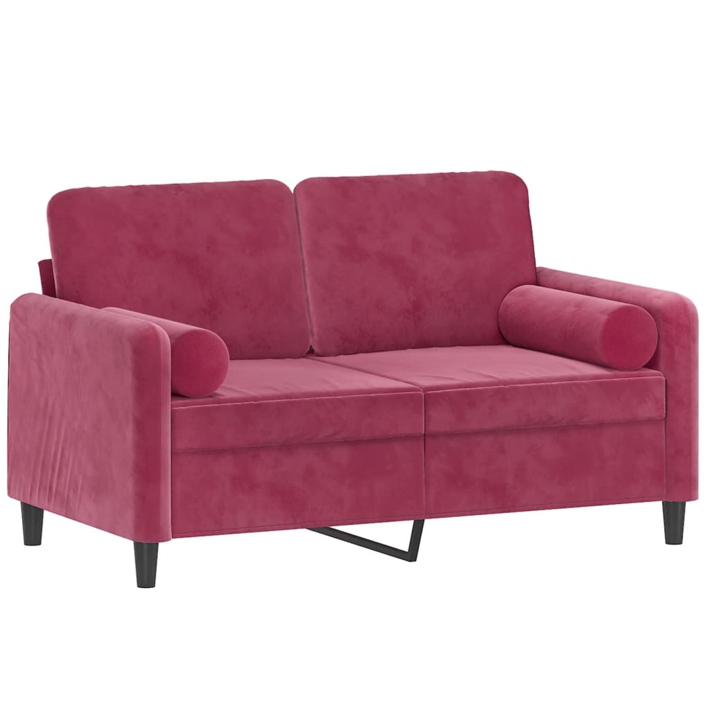 2-seater sofa with decorative cushions wine red 120 cm velvet
