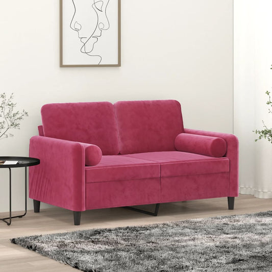 2-seater sofa with decorative cushions wine red 120 cm velvet
