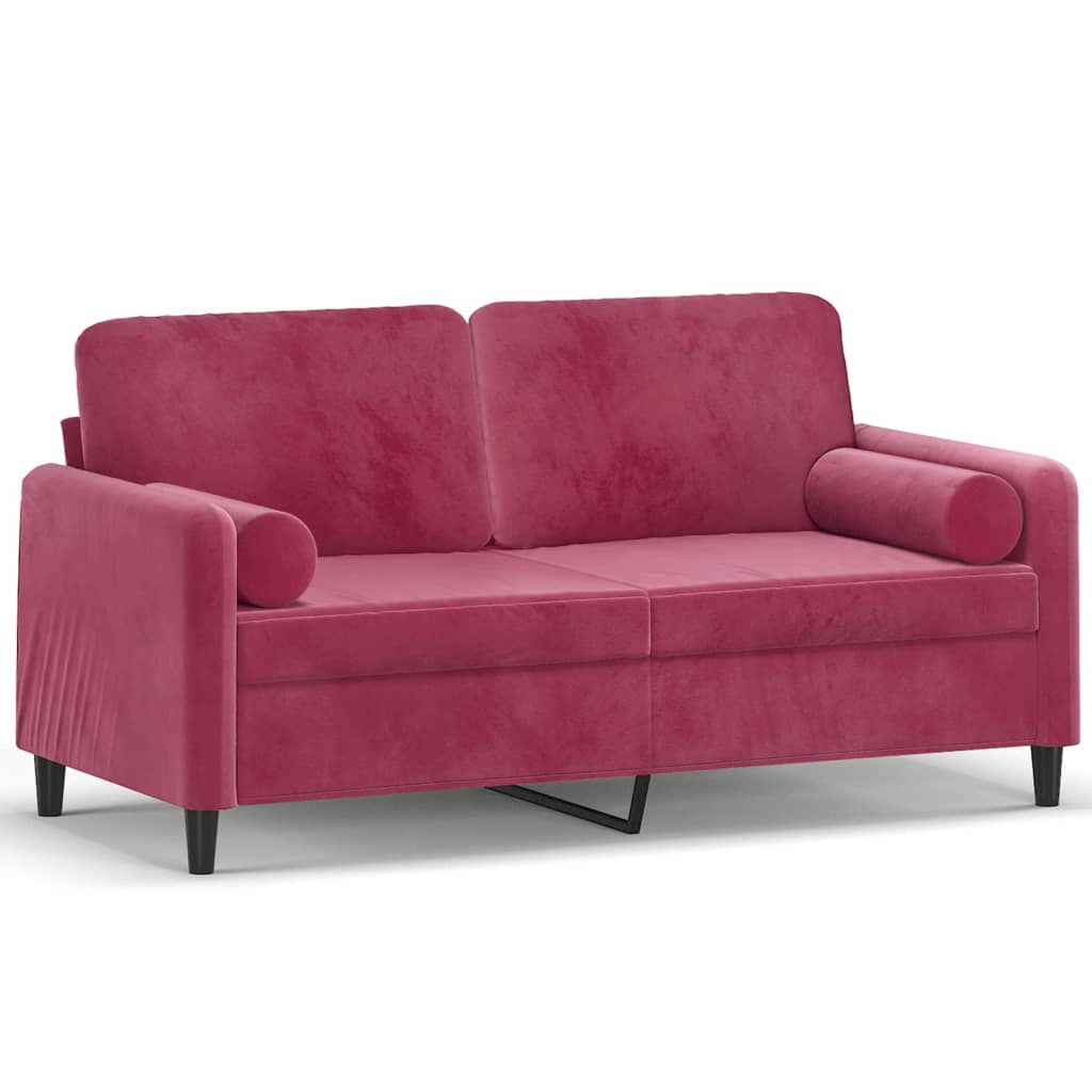 2-seater sofa with decorative cushions wine red 140 cm velvet