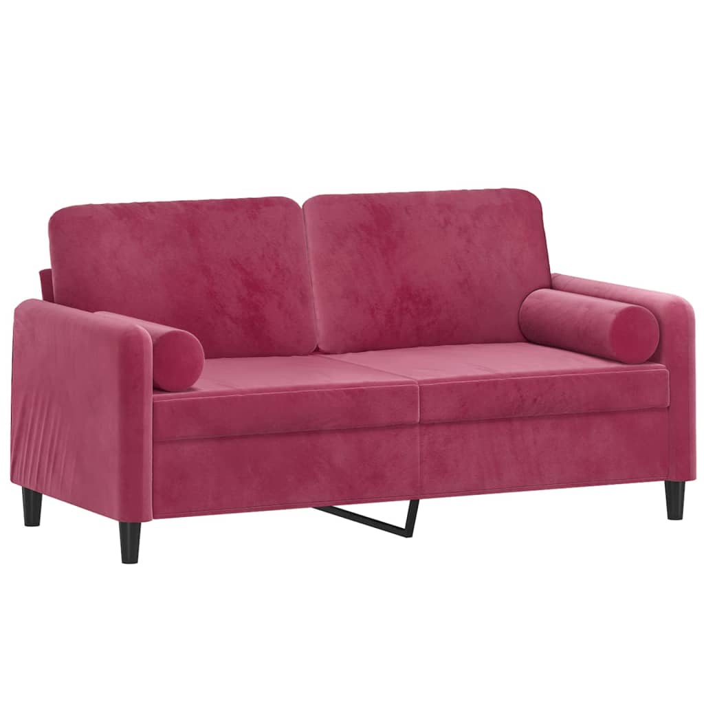 2-seater sofa with decorative cushions wine red 140 cm velvet