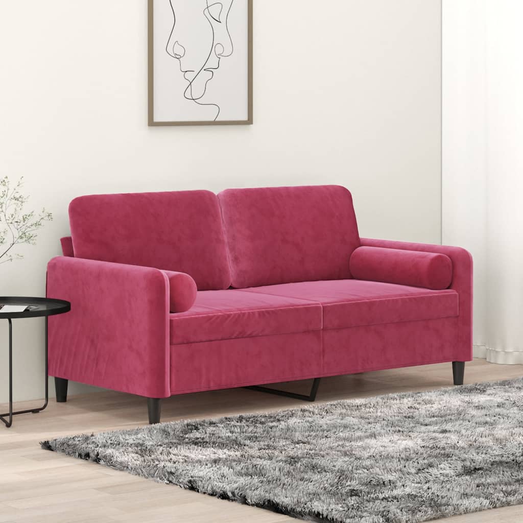2-seater sofa with decorative cushions wine red 140 cm velvet