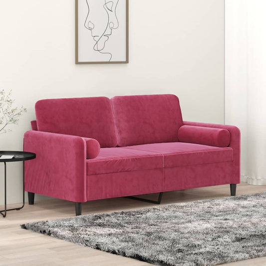 2-seater sofa with decorative cushions wine red 140 cm velvet