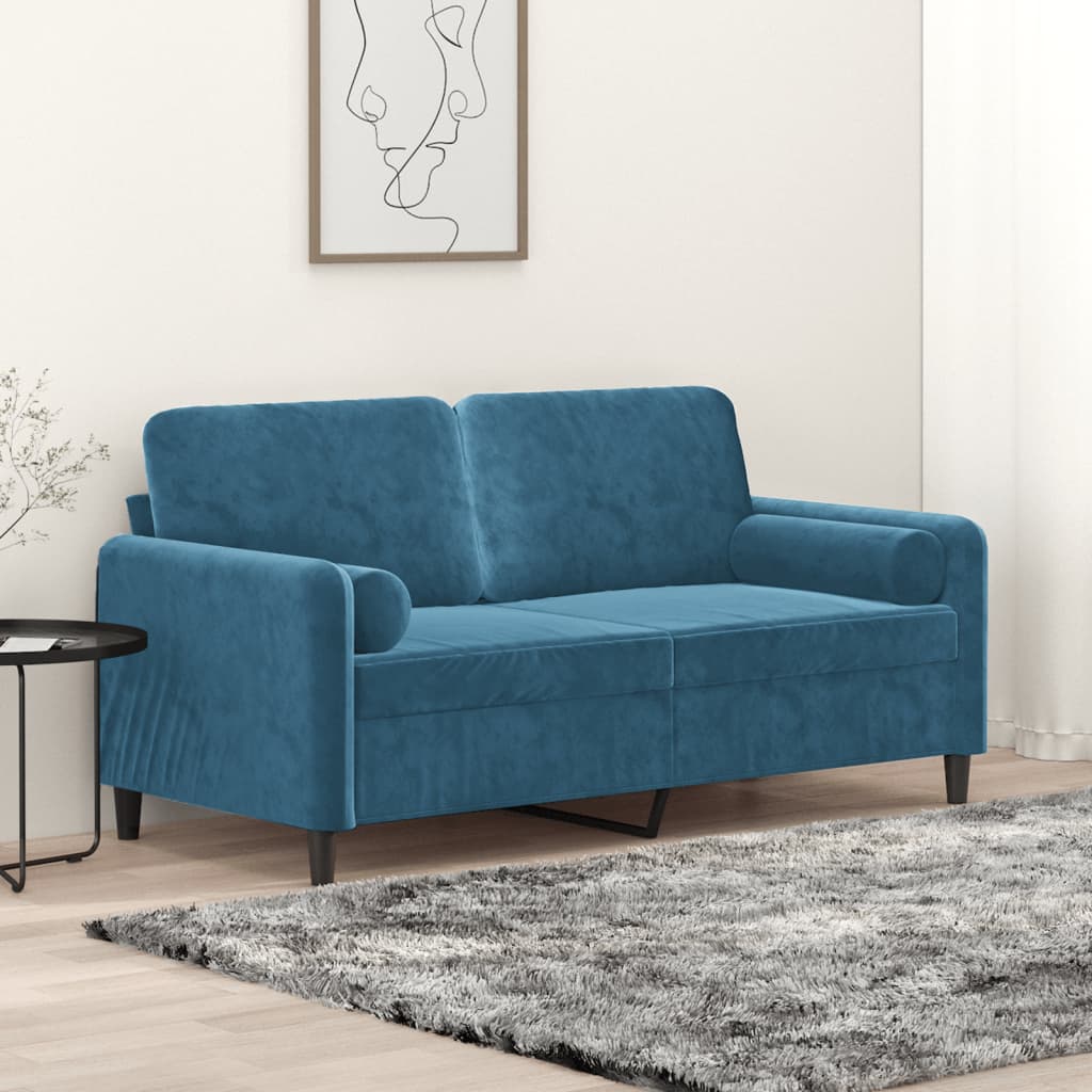 2-seater sofa with decorative cushions blue 140 cm velvet