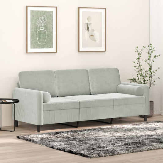 3-seater sofa with decorative cushions light grey 180 cm velvet