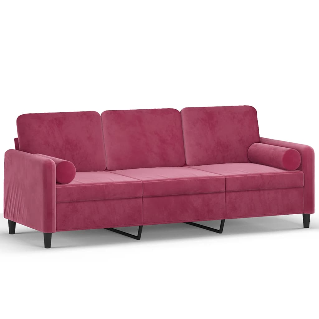 3-seater sofa with decorative cushions wine red 180 cm velvet