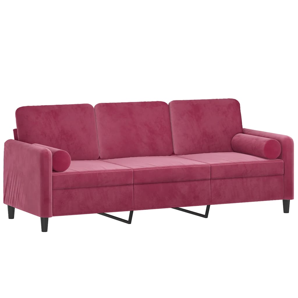 3-seater sofa with decorative cushions wine red 180 cm velvet