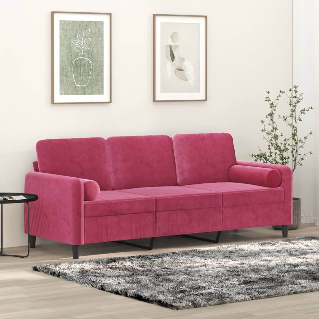 3-seater sofa with decorative cushions wine red 180 cm velvet
