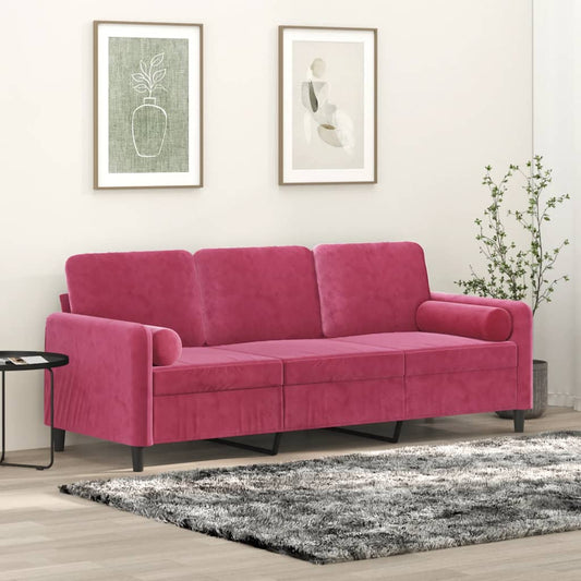 3-seater sofa with decorative cushions wine red 180 cm velvet