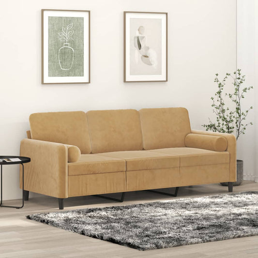 3-seater sofa with decorative cushions brown 180 cm velvet
