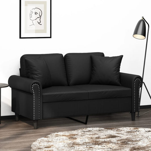 2-seater sofa with decorative cushions, black, 120 cm, faux leather