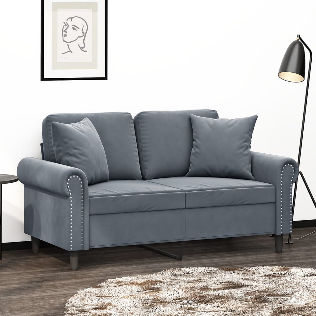 2-seater sofa with decorative cushions dark grey 120 cm velvet
