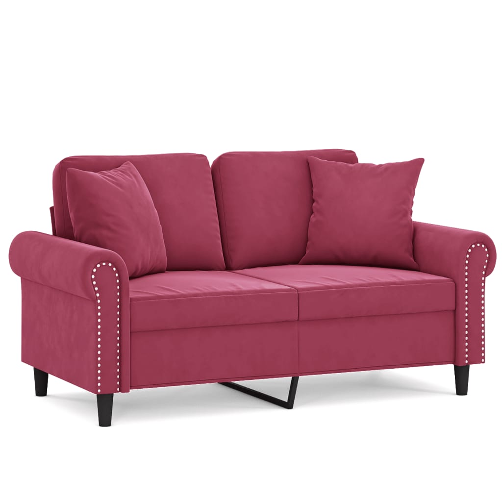 2-seater sofa with decorative cushions wine red 120 cm velvet