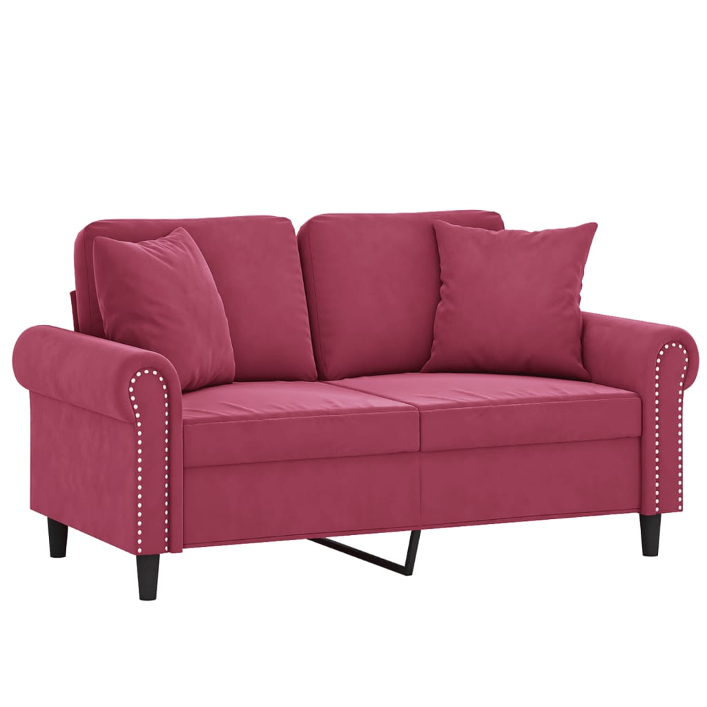 2-seater sofa with decorative cushions wine red 120 cm velvet