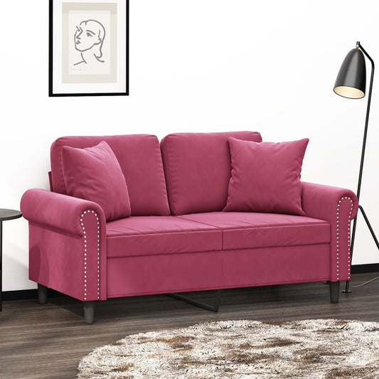 2-seater sofa with decorative cushions wine red 120 cm velvet