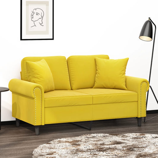 2-seater sofa with decorative cushions yellow 120 cm velvet