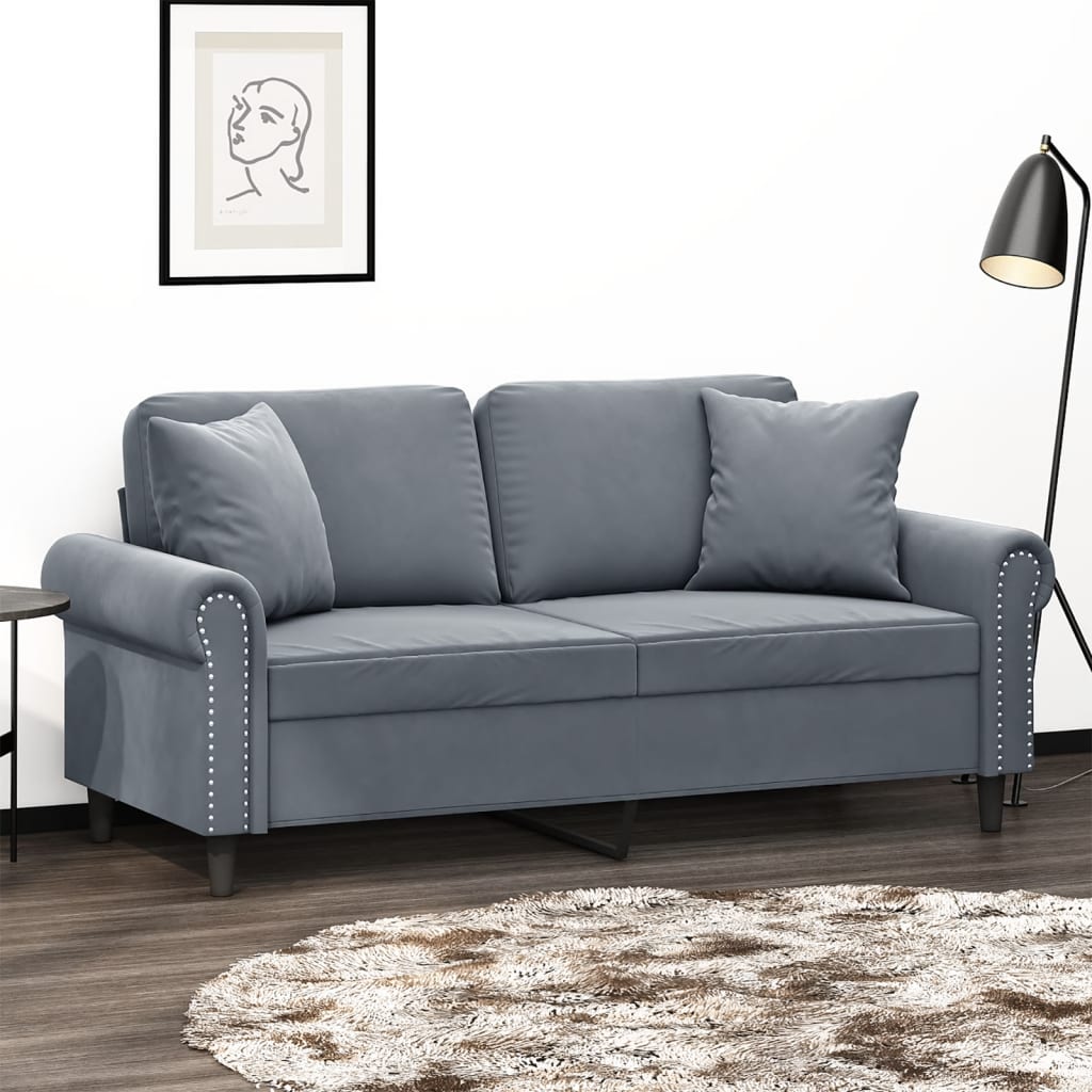 2-seater sofa with decorative cushions dark grey 140 cm velvet