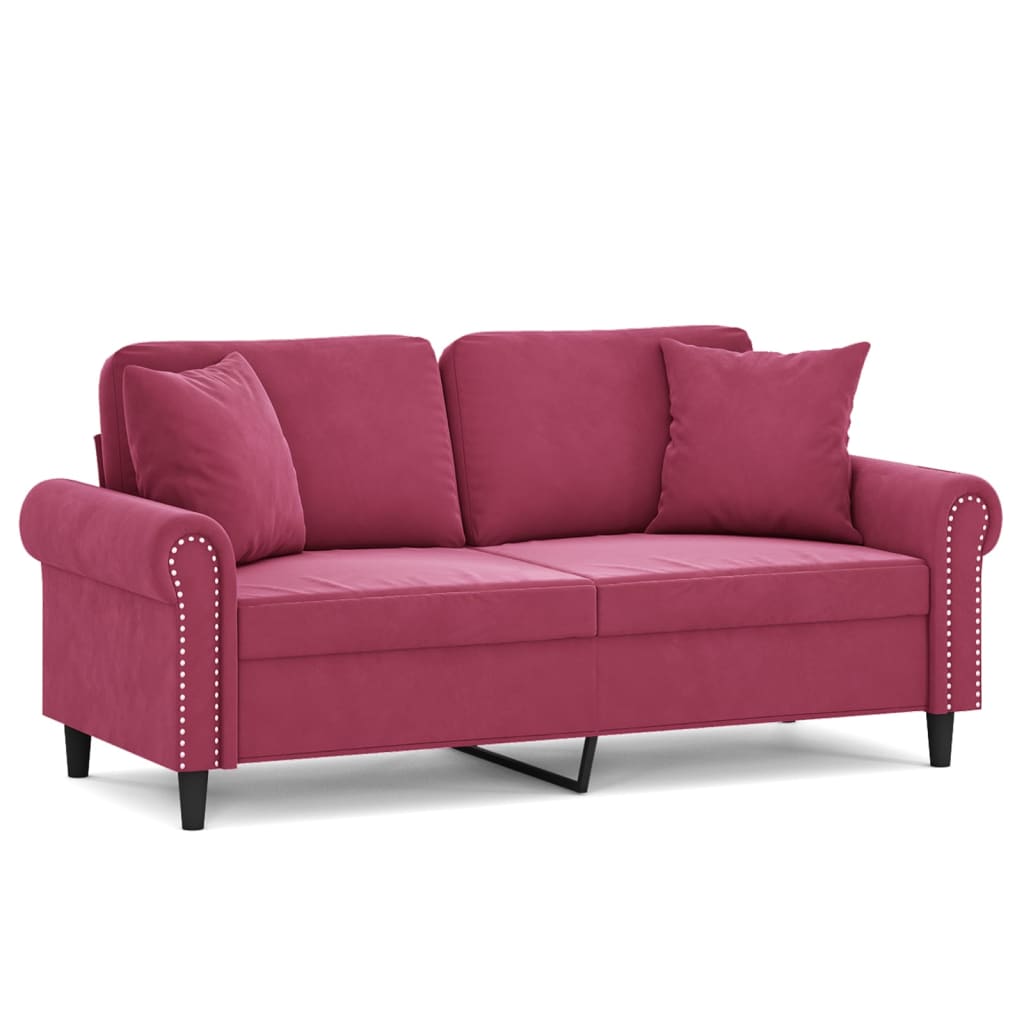 2-seater sofa with decorative cushions wine red 140 cm velvet