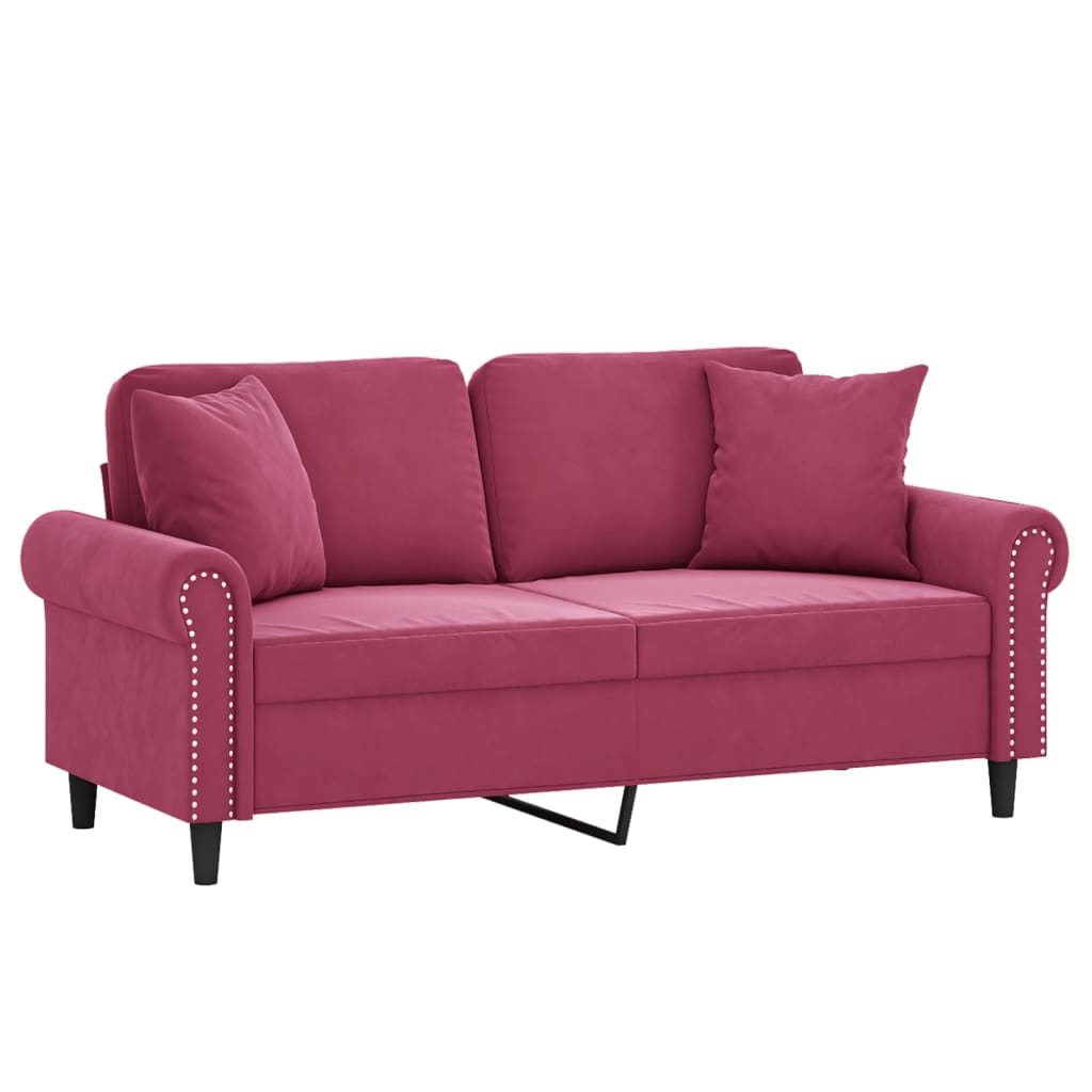 2-seater sofa with decorative cushions wine red 140 cm velvet