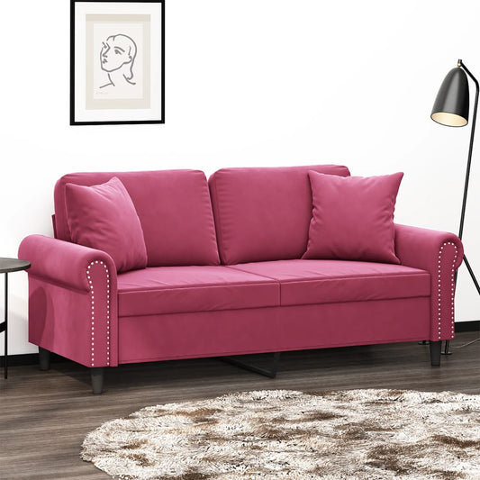 2-seater sofa with decorative cushions wine red 140 cm velvet