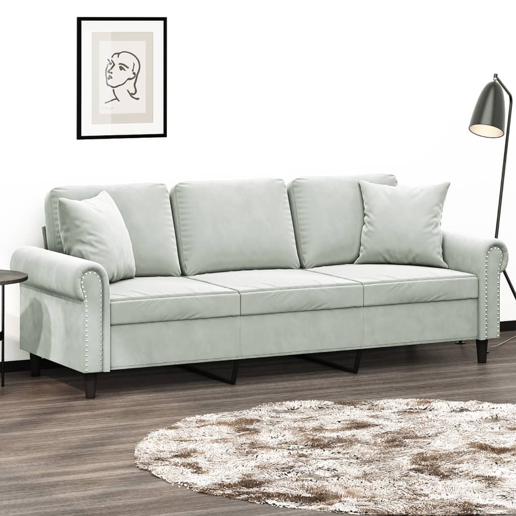 3-seater sofa with decorative cushions light grey 180 cm velvet